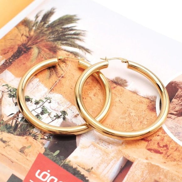 NEW 18K Yellow Gold Round 2'' Tube Hoop Earrings - Picture 3 of 9